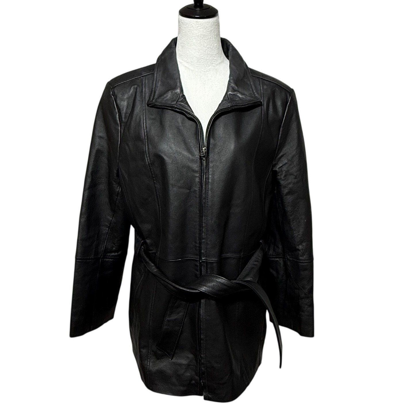 Croft & Barrow Leather Jacket Womens Large Black Full Zip Belted Lined